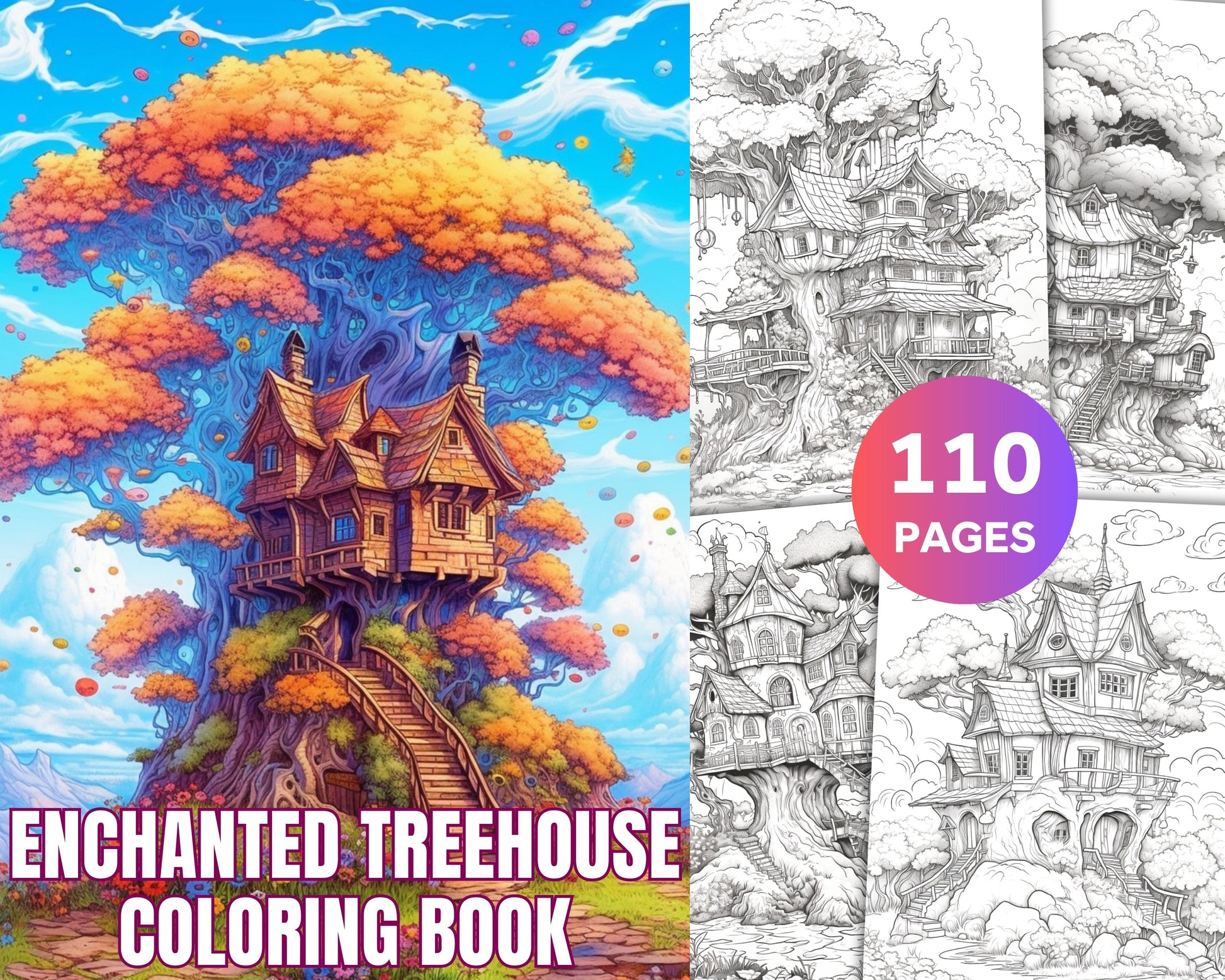 Enchanted treehouse coloring book printable for adults grayscale â coloring