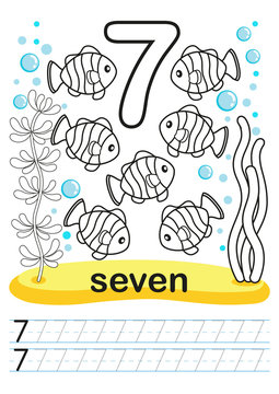 Coloring printable worksheet for kindergarten and preschool we train to write numbers math exercise bright figures on a marine background number and tropical fishes illustration