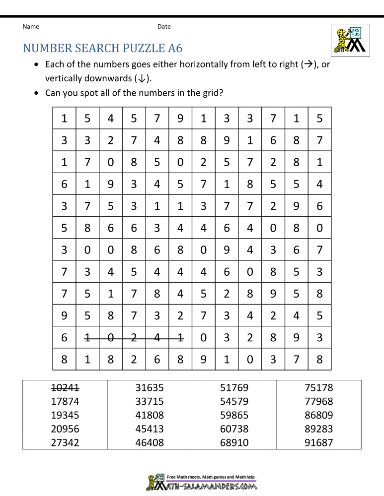 Number search puzzles