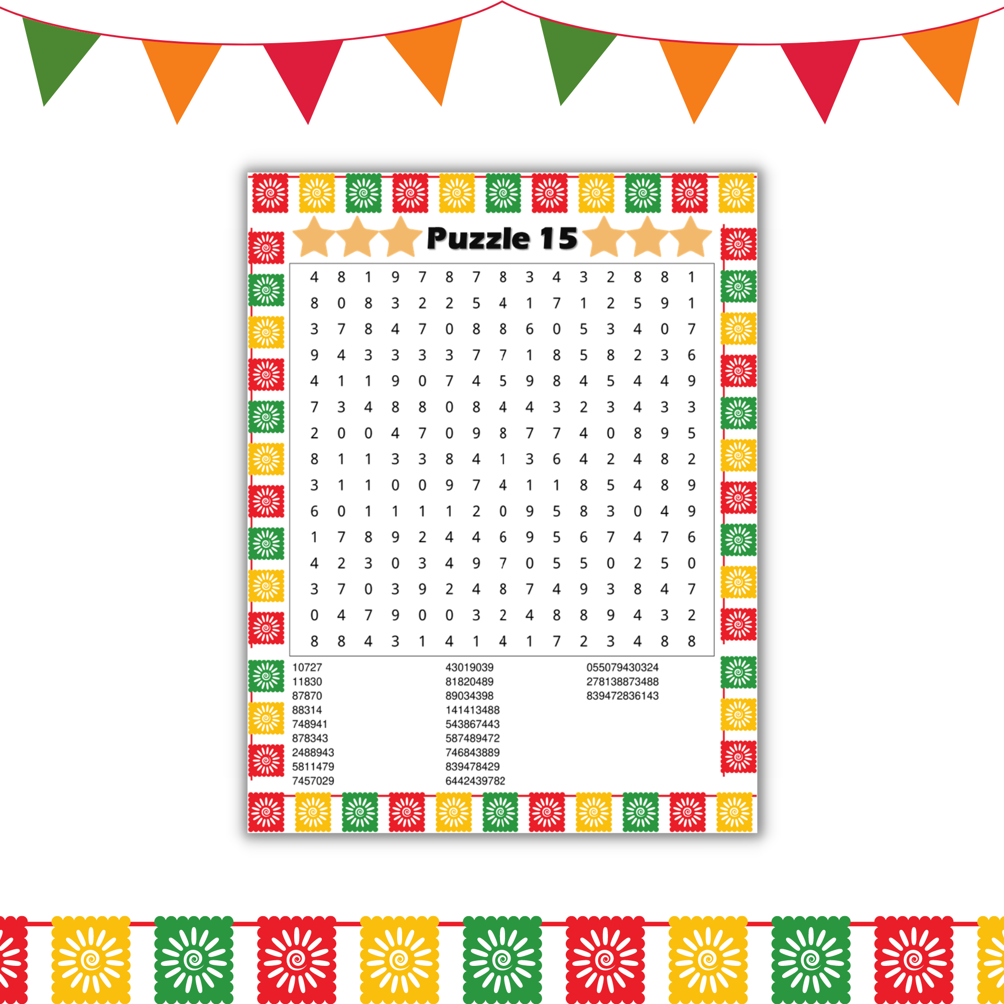 Printable cinco de mayo number search puzzles with solutions