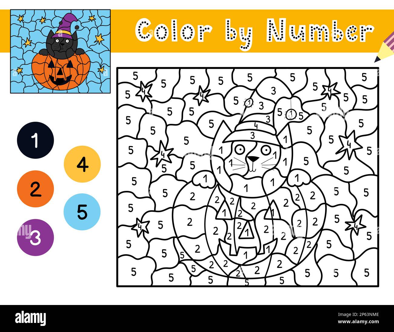 Color by number game for kids coloring page with cute halloween pumpkin and a cat stock vector image art