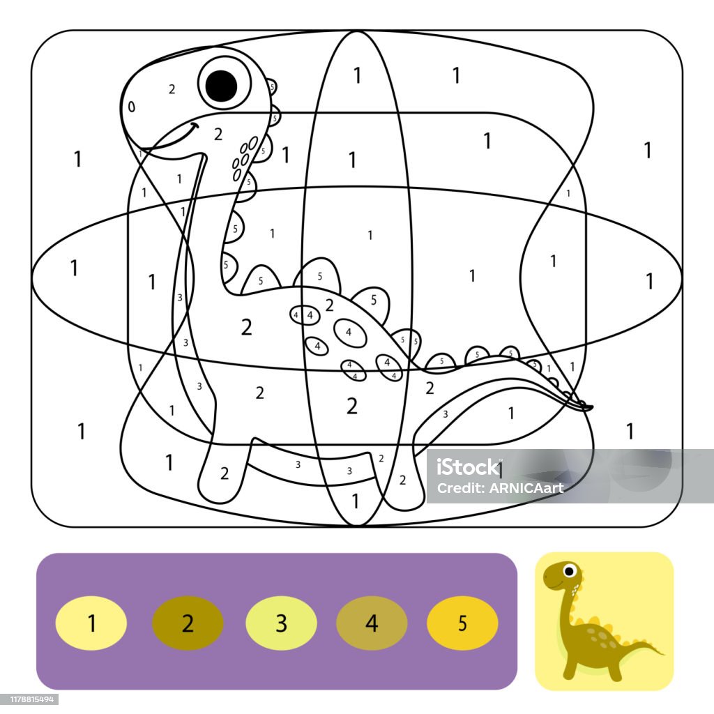 Cute dino coloring page for kids coloring puzzle with numbers of color stock illustration