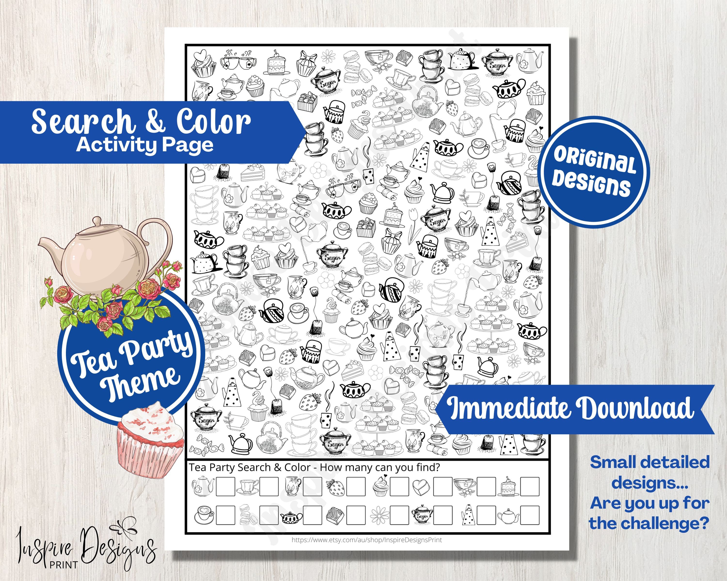 Tea party search color doodles i spy printable counting coloring page for adults and kids birthday party activity craft sheet