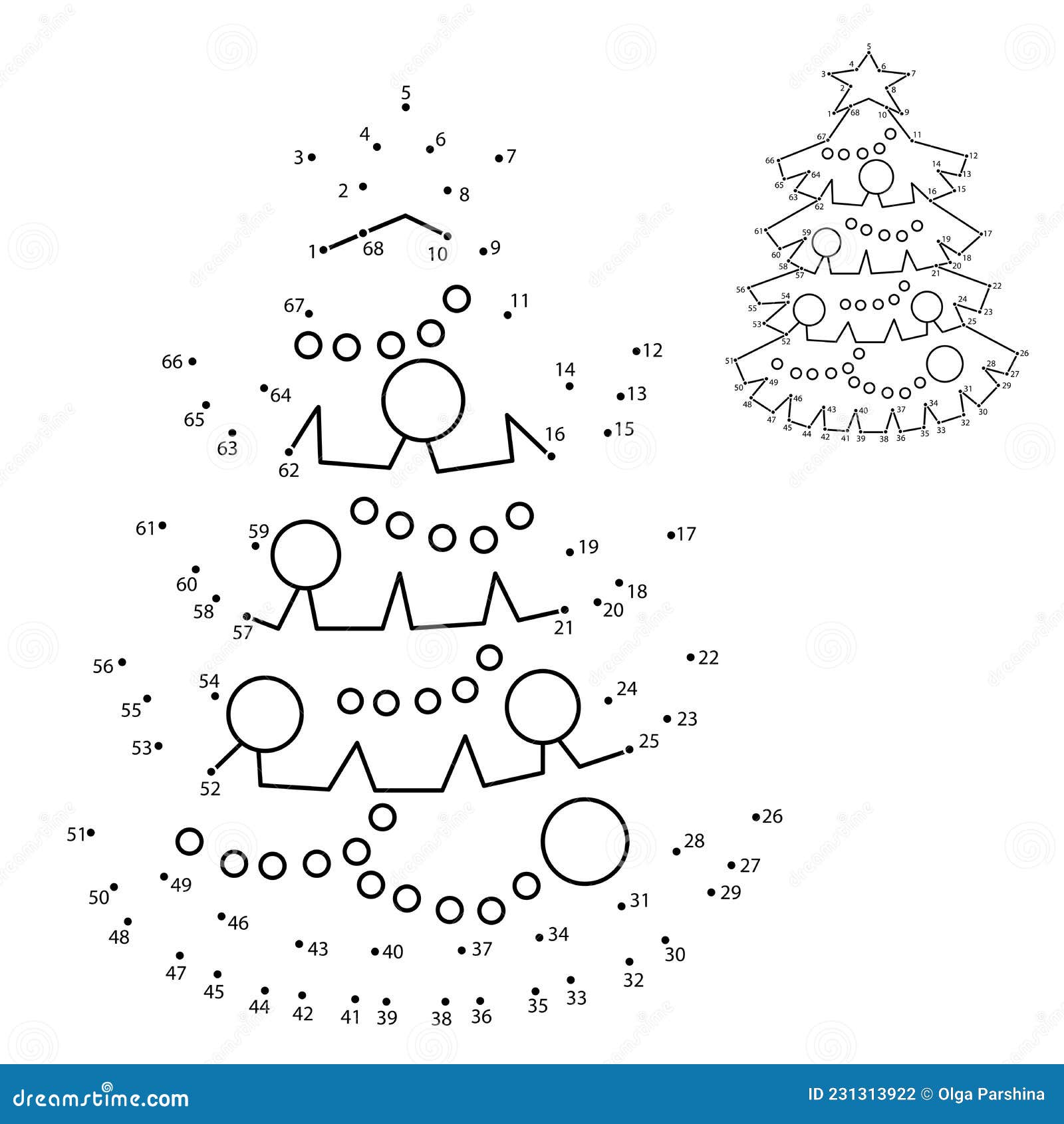 Puzzle game for kids numbers game coloring page outline of christmas tree new year christmas stock vector