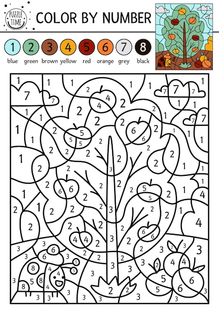 Premium vector vector garden color by number activity with apple tree and ladybug in the field autumn holiday counting game with cute ladybird and harvest funny fall or farm coloring page