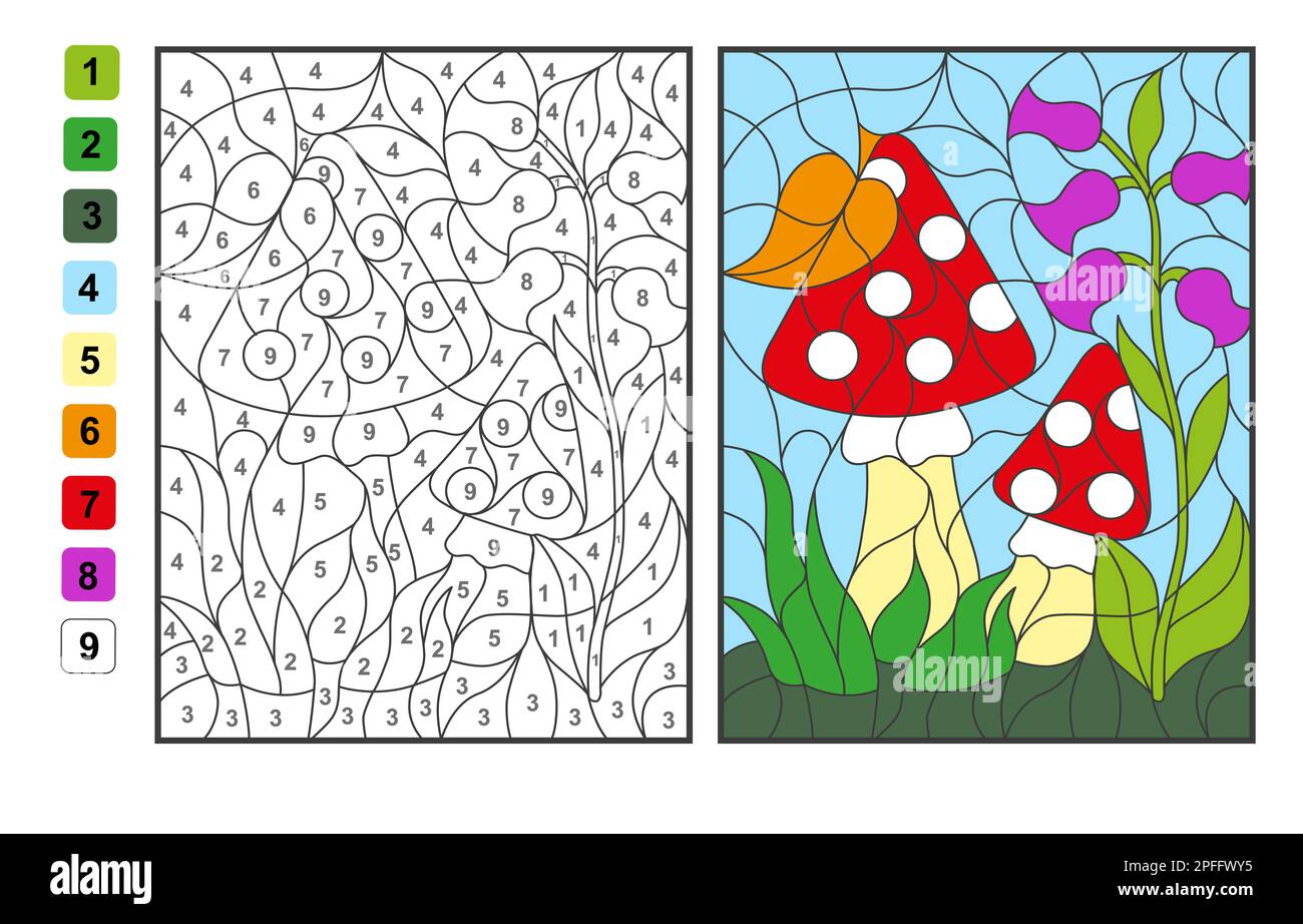 Vector coloring page color by numbers amanita mushrooms puzzle game for children education and activities stock vector image art