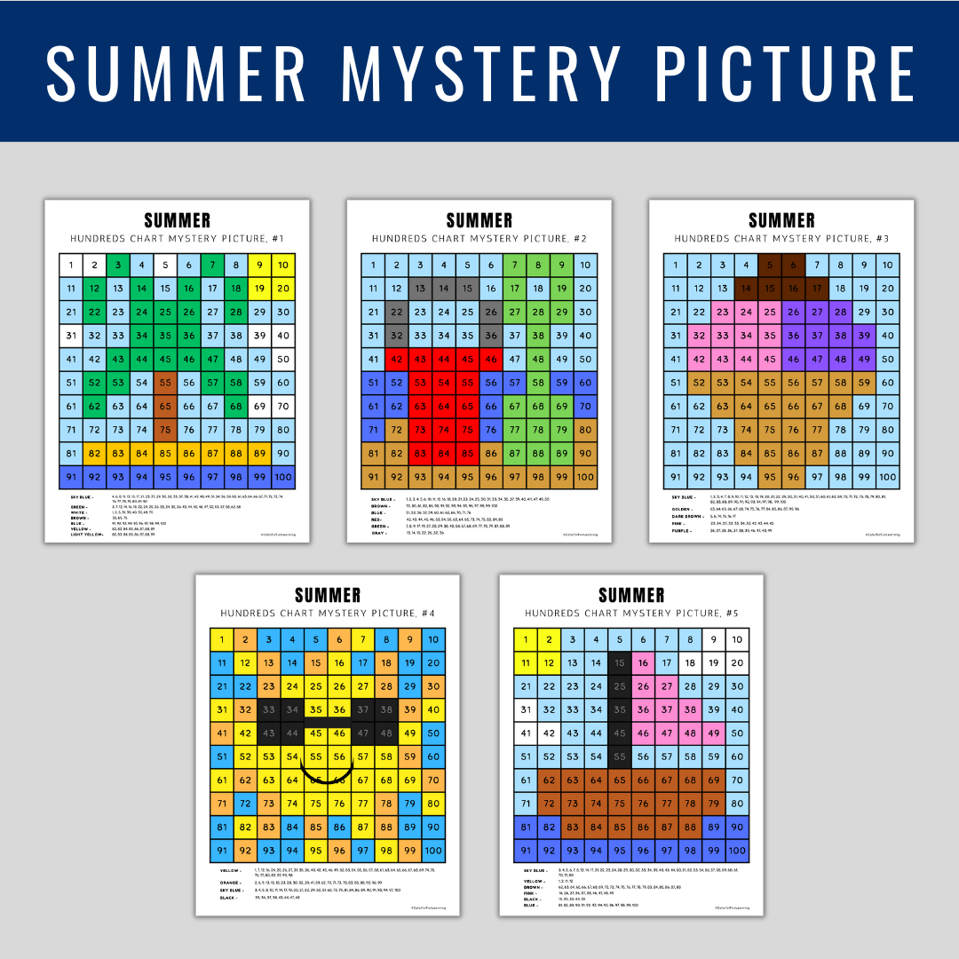 Summer coloring pages hundreds chart color by number mystery picture made by teachers