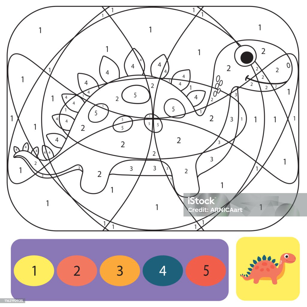 Cute dino coloring page for kids coloring puzzle with numbers of color stock illustration