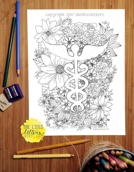 Nurse coloring page medical floral decor adult digital download printable color grown up rn symbol gift physician doctor appreciation er