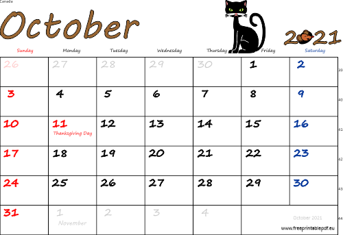 October canada calendar free printable pdf