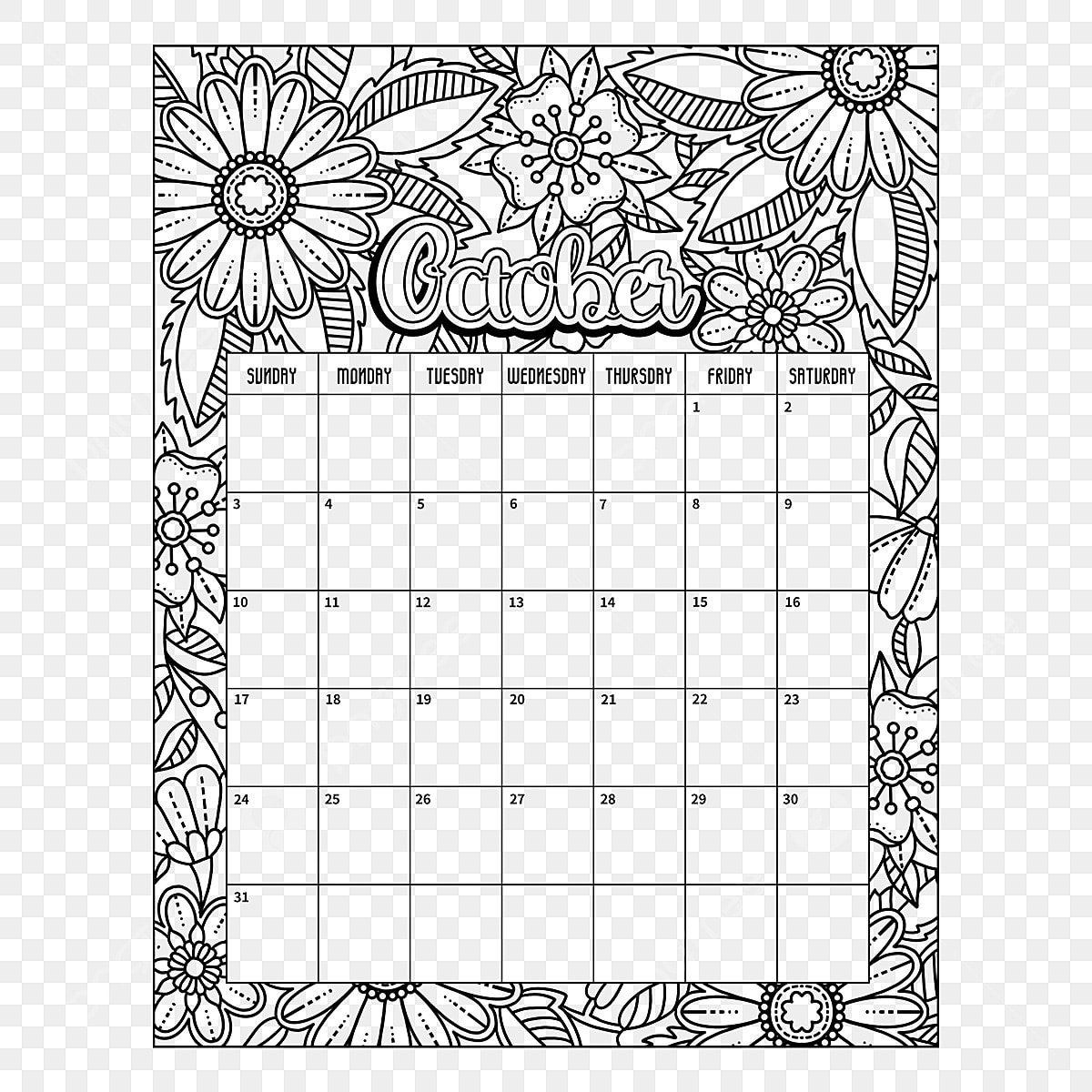 Calendar october png transparent line style october coloring card calendar coloring card calendar october png image for free download