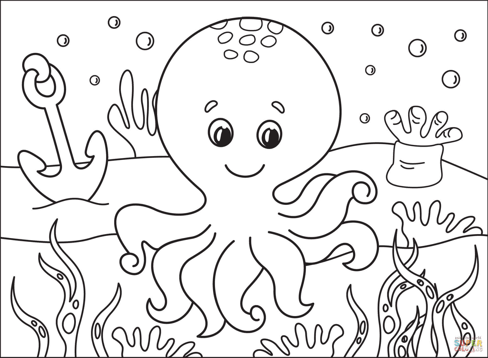 Smiling octopus in the sea coloring page