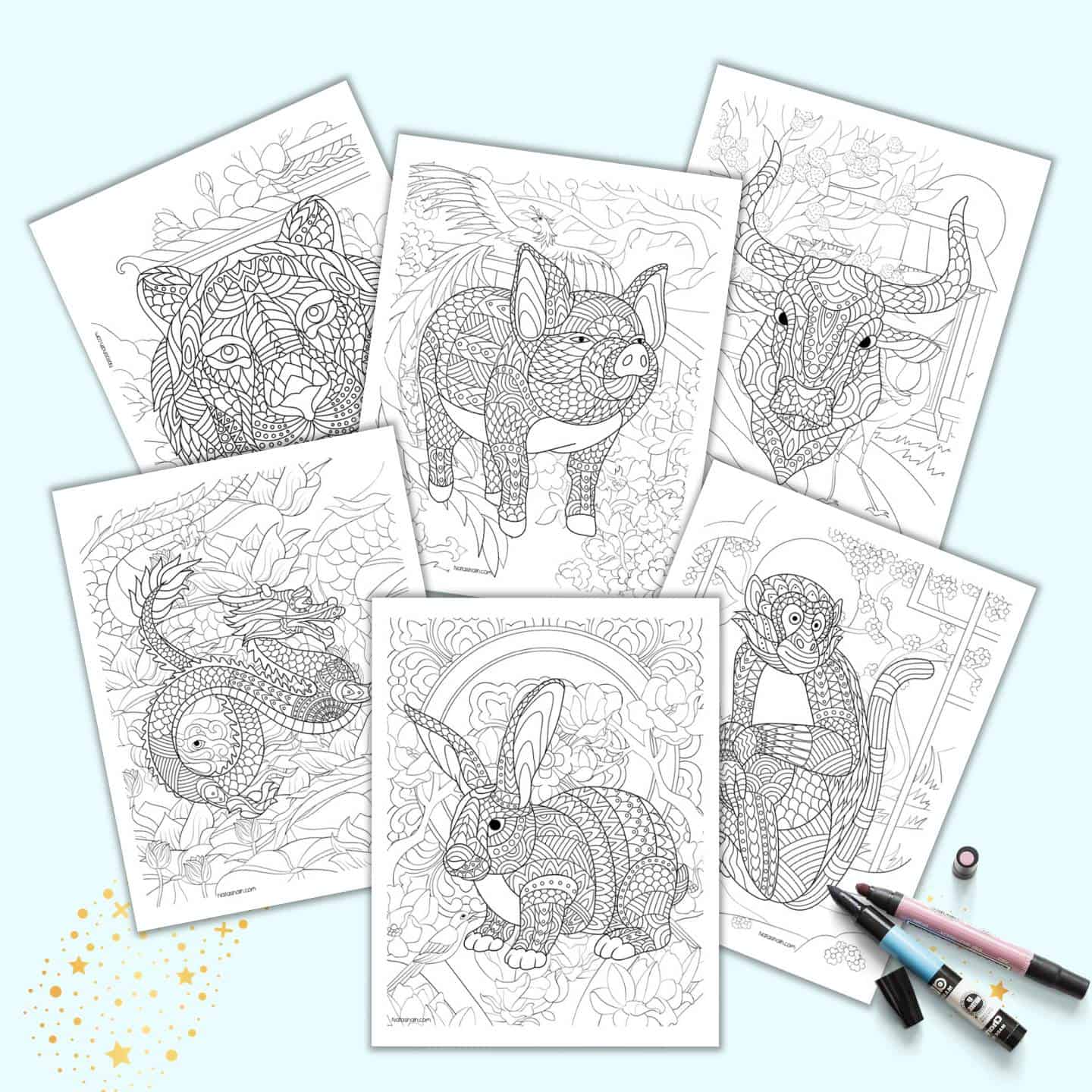 Free printable chinese zodiac animals coloring pages for adults