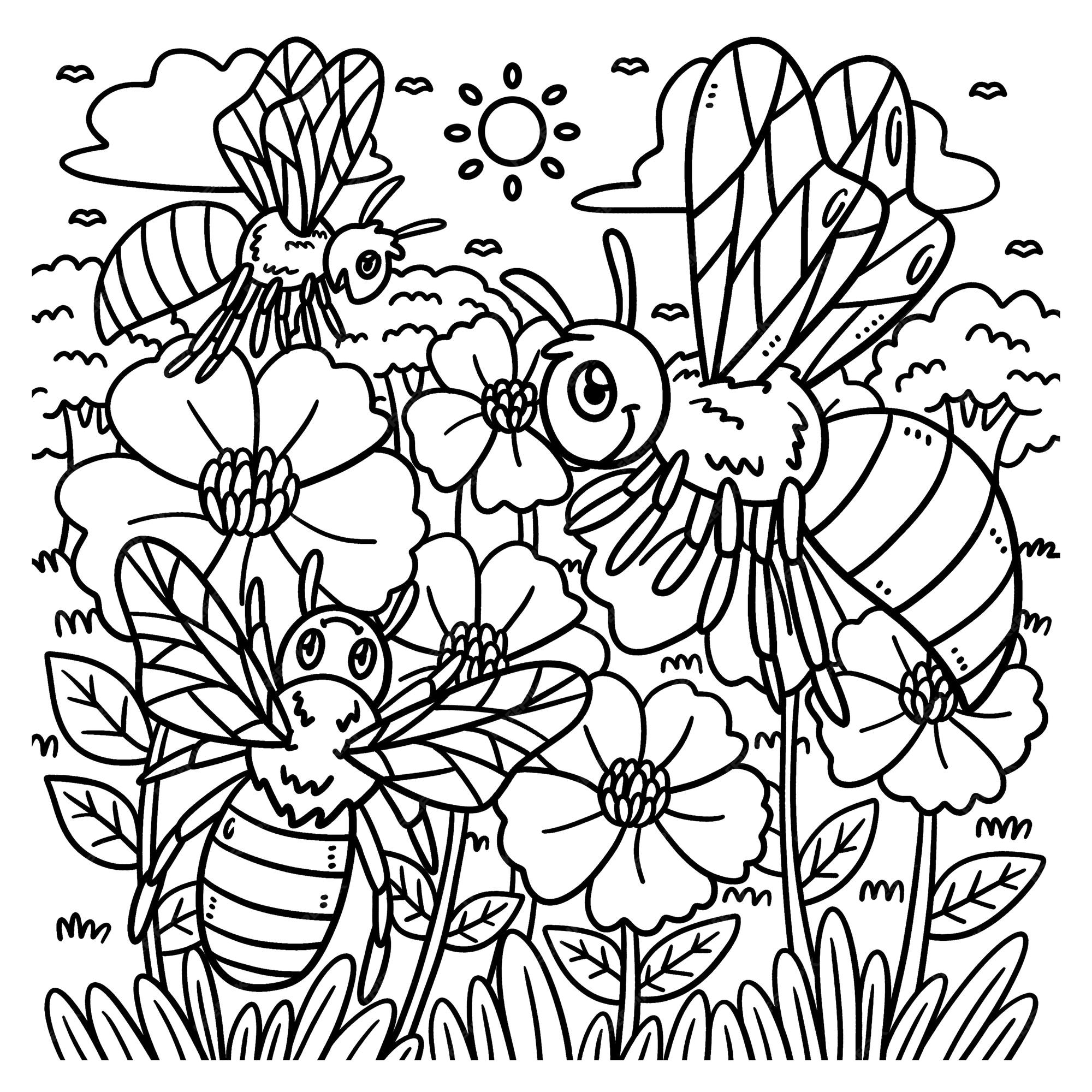 Premium vector spring bees collecting pollen coloring page