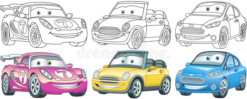 Cartoon cars coloring pages set stock vector