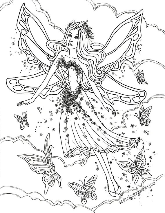 Fairy with butterflies flying coloring page