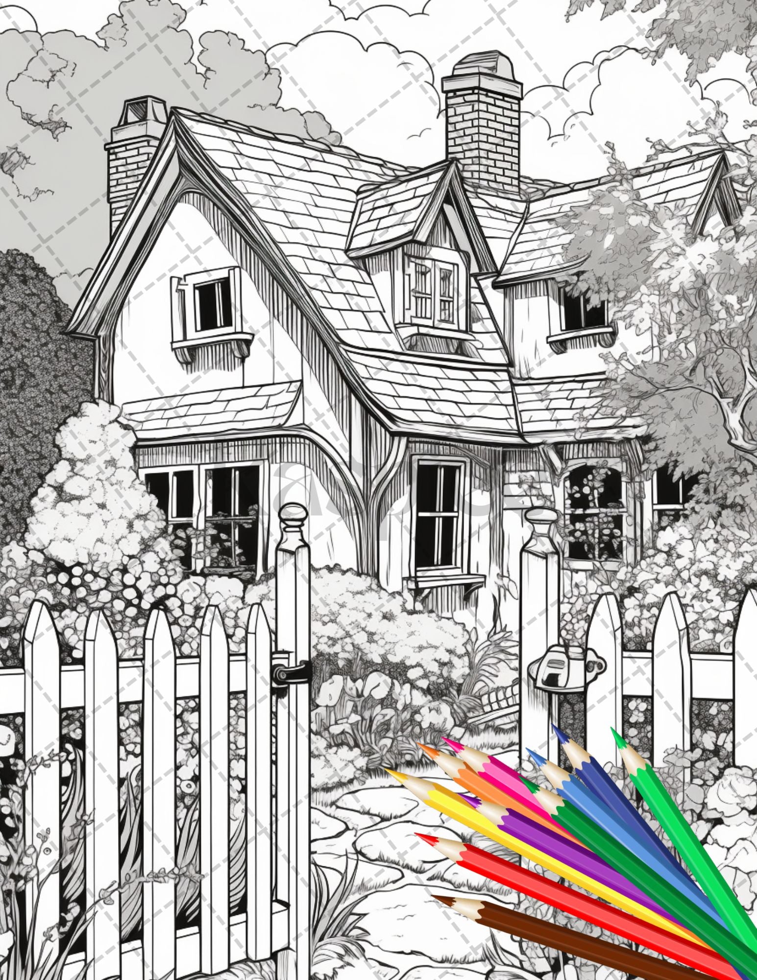 Printable cottage house garden coloring pages for adults grayscale â coloring