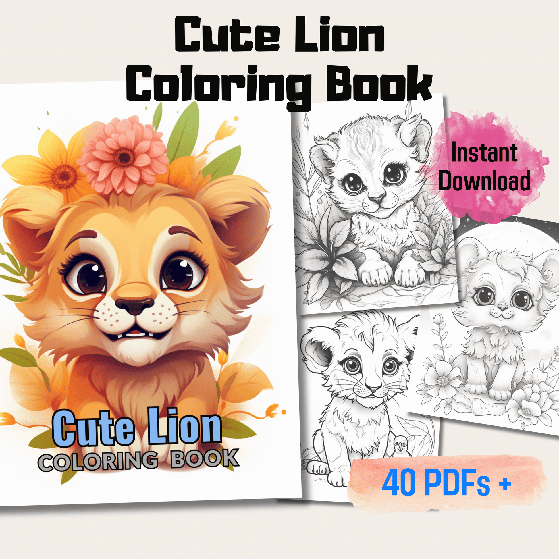 Pages cute baby lion grayscale coloring book instant download pri â funny print for you