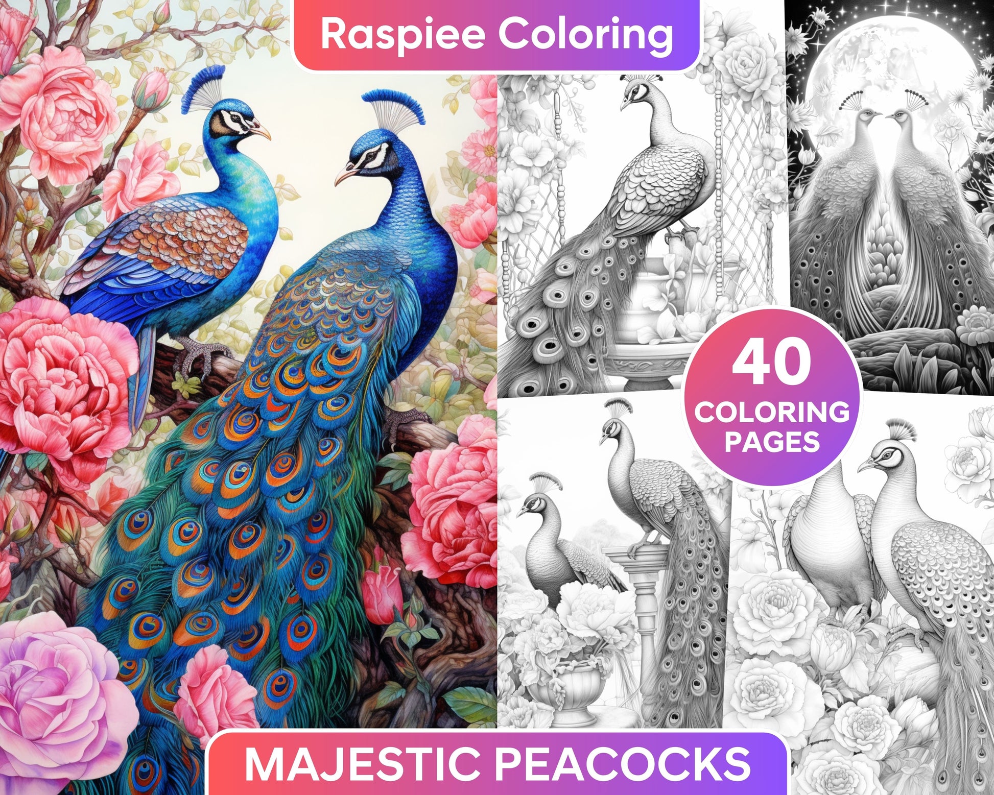 Majestic peacocks grayscale adult coloring pages printable pdf ins â coloring