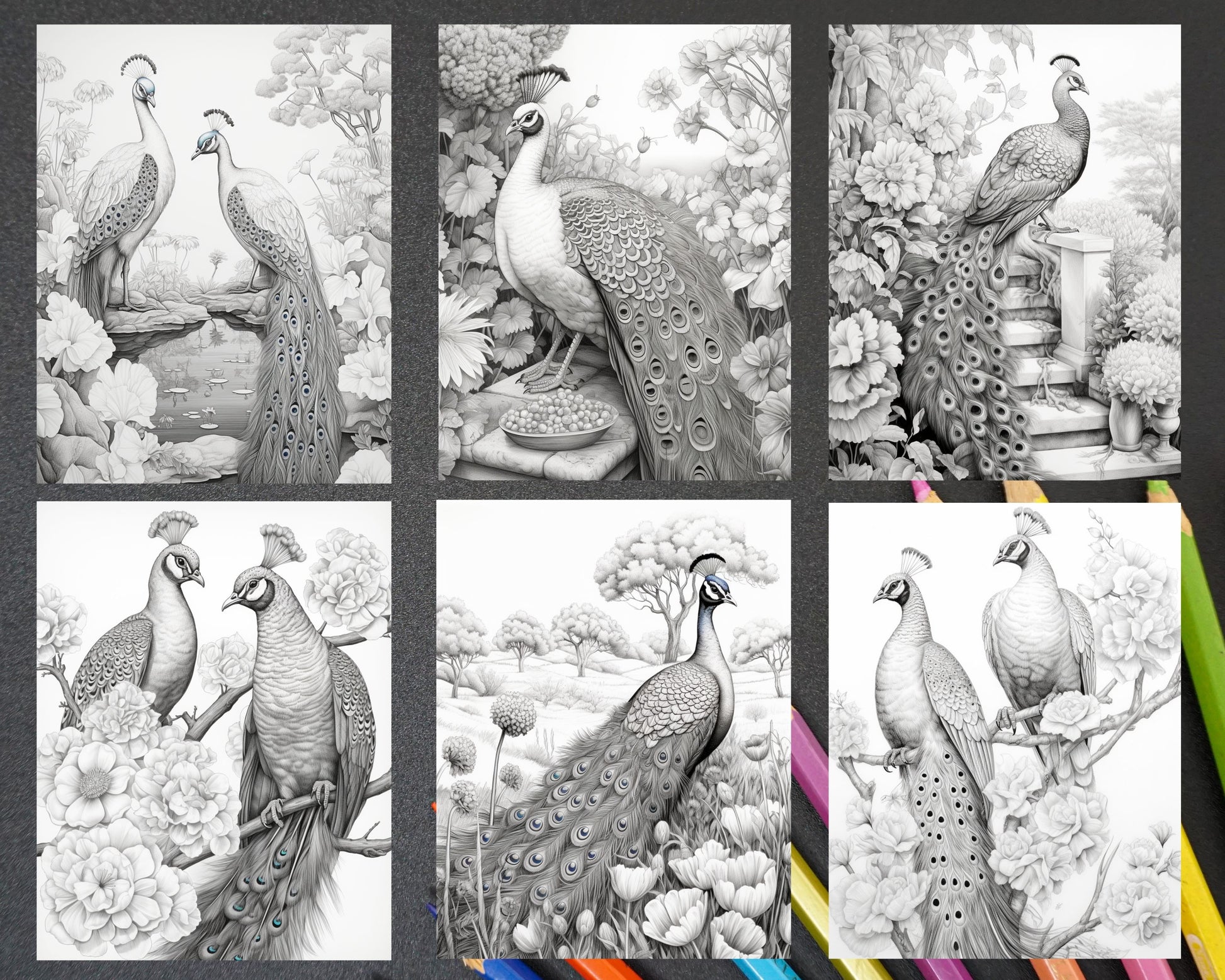 Majestic peacocks grayscale adult coloring pages printable pdf ins â coloring