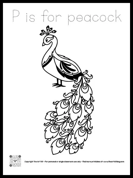 Letter p is for peacock coloring page free printable dotted font â the art kit