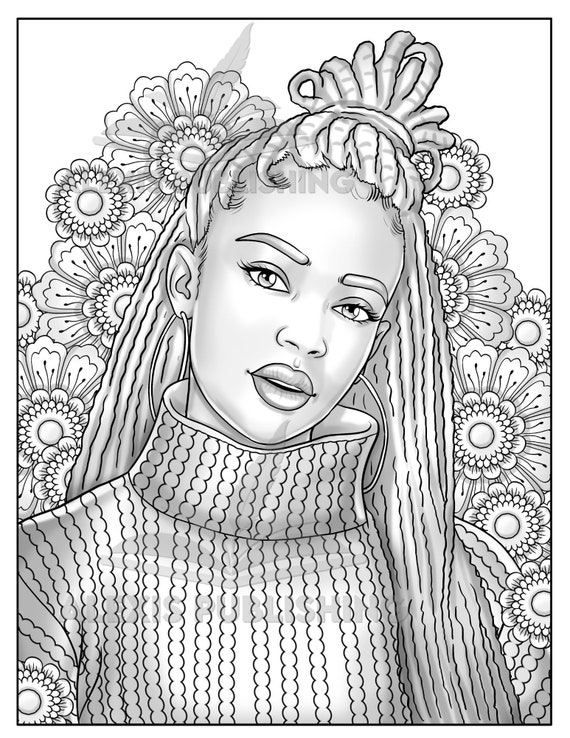 Printable adult coloring page beautiful black woman grayscale portrait download illustration printable jpg file instant download