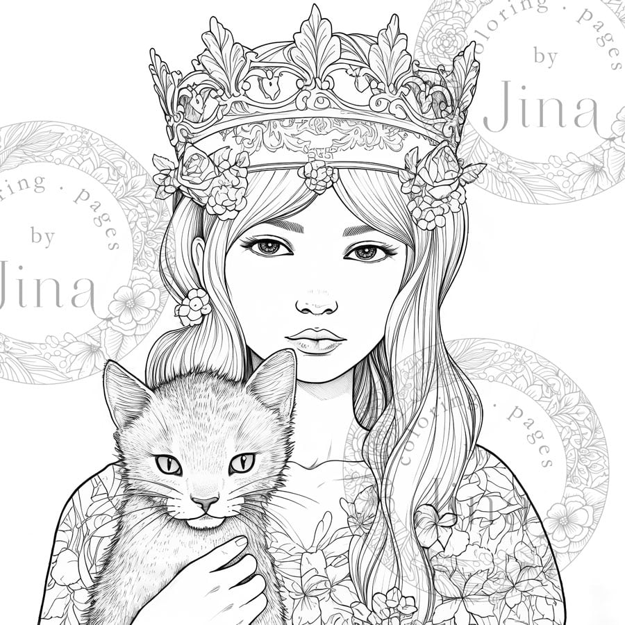 Printable coloring page of a little girl wearing a crown holding her cat