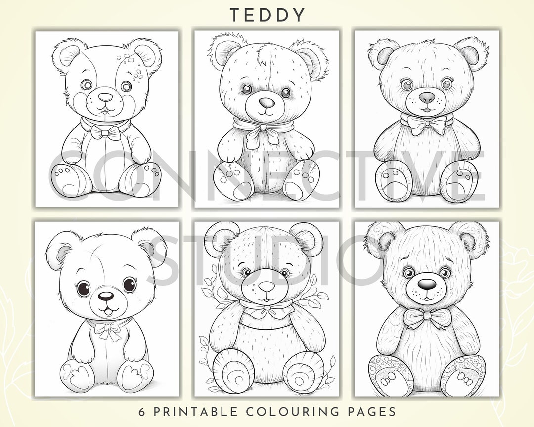 Teddy bear coloring pages six pack of premium art printable adult colouring page book instant download grayscale illustration pdf