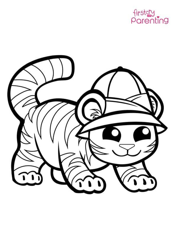 Cute tiger in cap coloring page for kids