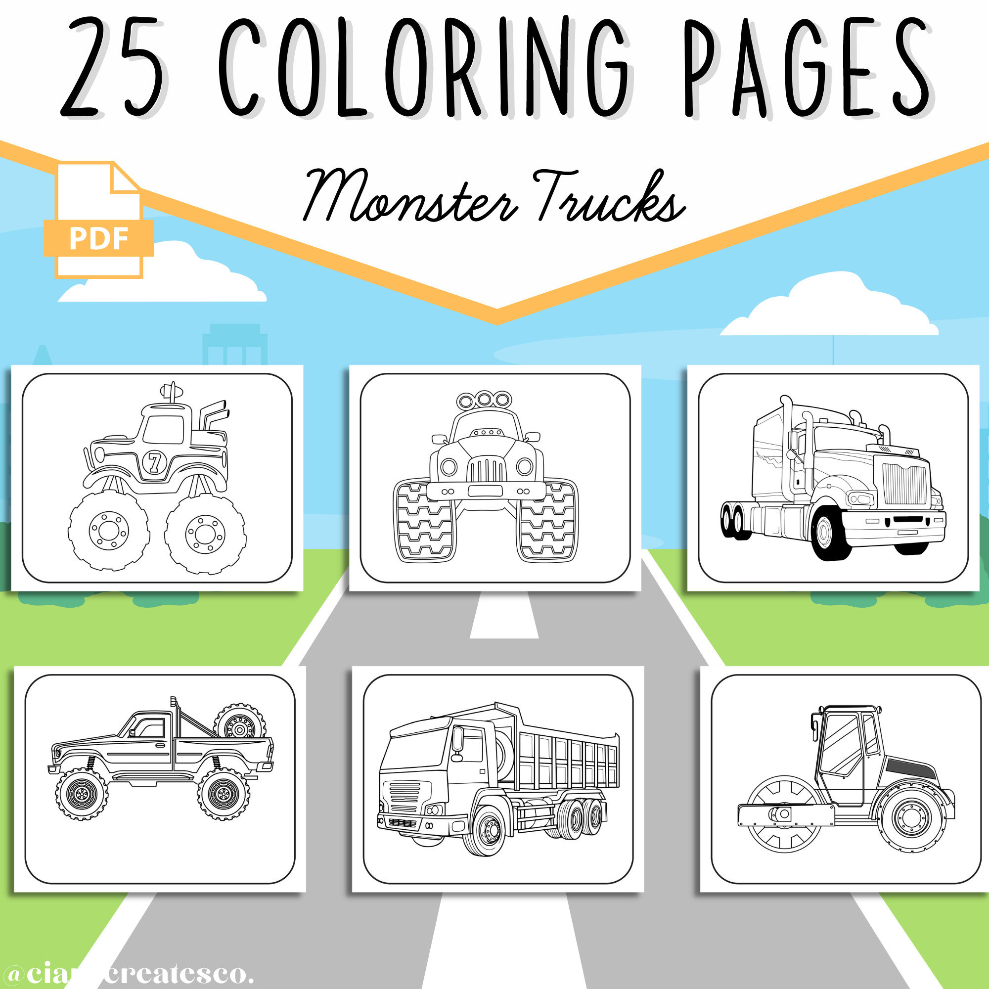 Monster truck coloring pages bundle monster truck printables monster truck coloring sheets kids truck coloring pages instant download