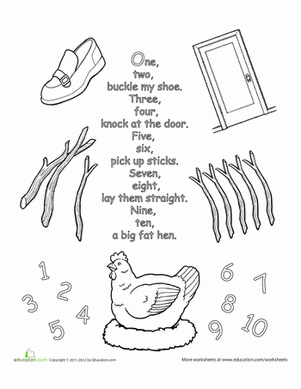 Nursery rhyme coloring one two buckle my shoe worksheet education nursery rhymes activities nursery rhymes lyrics nursery rhymes preschool