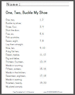 One two buckle my shoe free printables student handouts