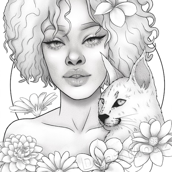 Buy printable coloring page black girl floral animal portrait online in india