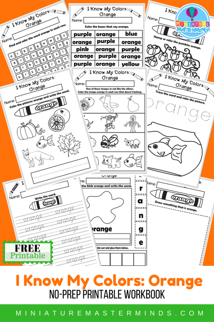 I know my colors printable work book series page workbook the color orange â miniature masterminds