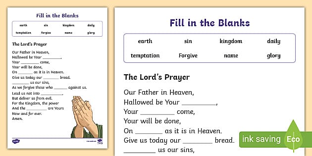 The lords prayer fill in the blanks worksheet