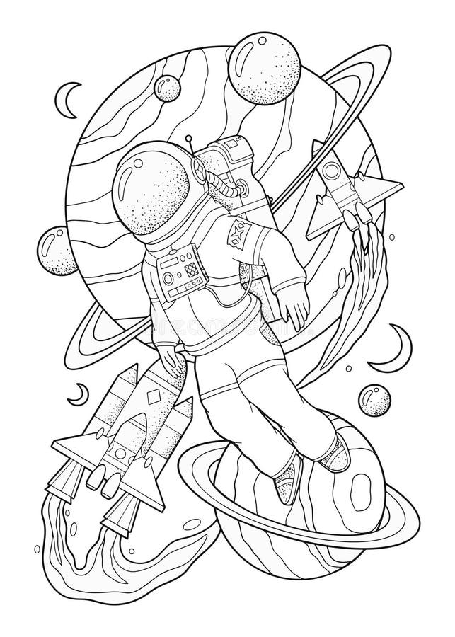 Coloring pages for kids of astronauts in outer space stock vector