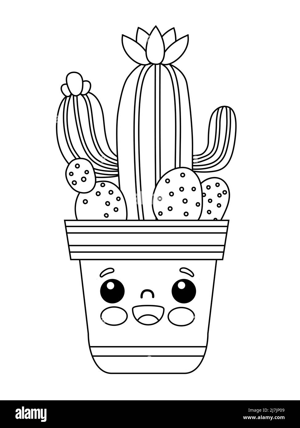 Coloring for kids set of cute cactus and succulents in pots black and white contour stock vector image art