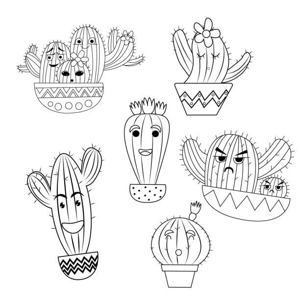 Modern fun cactus coloring book great design for any purposes doodle icon on white backdrop line drawing doodle illustration pattern outline cartoon cactus emotions happiness sadness surprise stock illustration