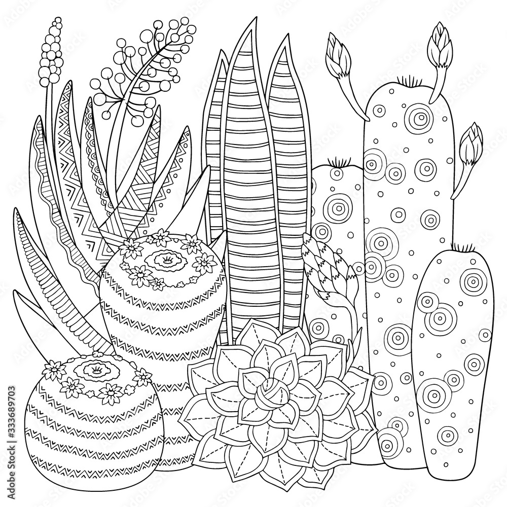 Vector coloring book for adult cute cacti and succulents with spines and flowers black and white outline image on a white background vector