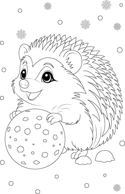 Premium vector coloring page a cute hedgehog rolling a snowball