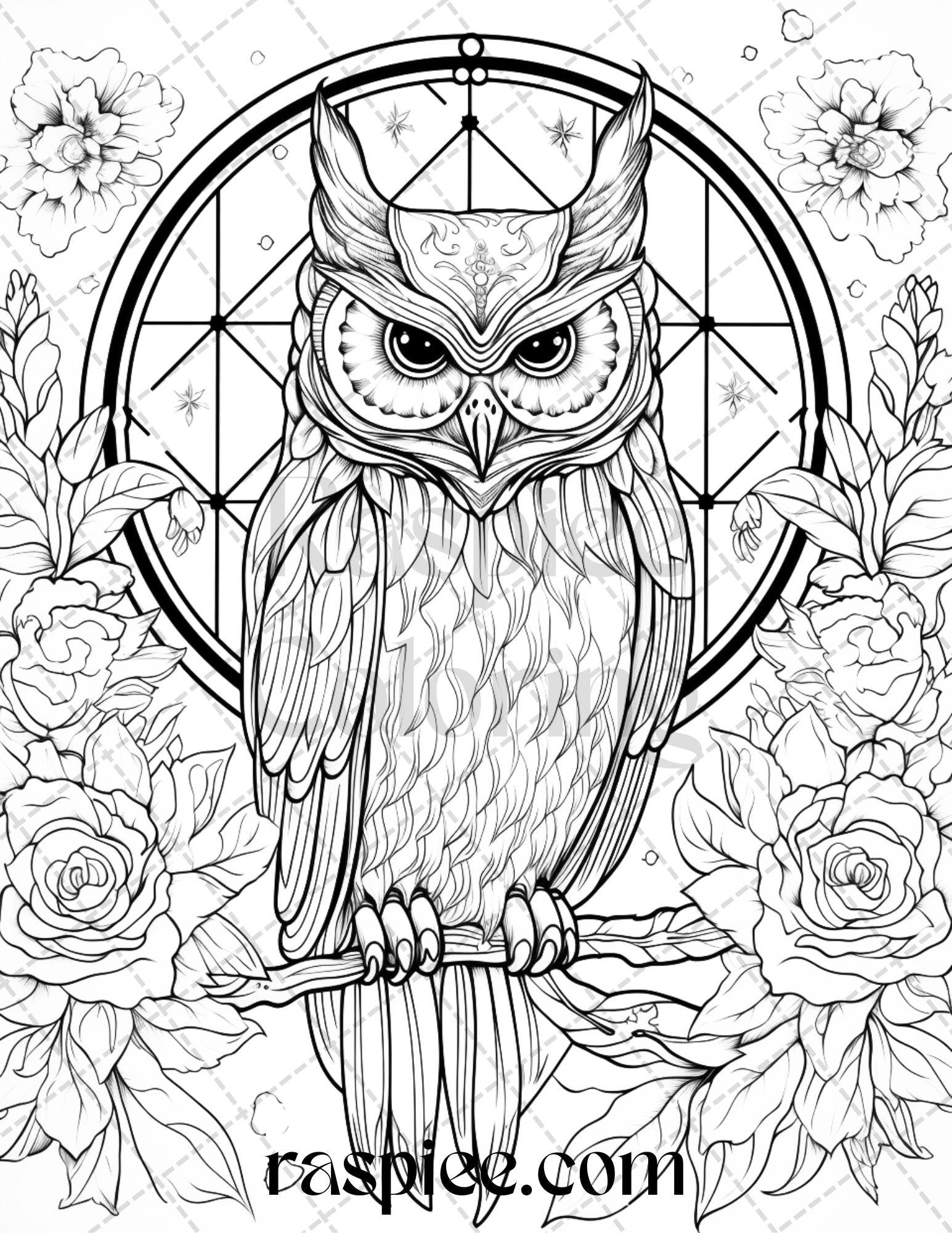 Floral owl grayscale printable coloring pages for adults pdf file â coloring