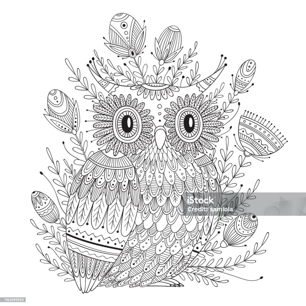 Beautiful detailed coloring page with bird stock illustration