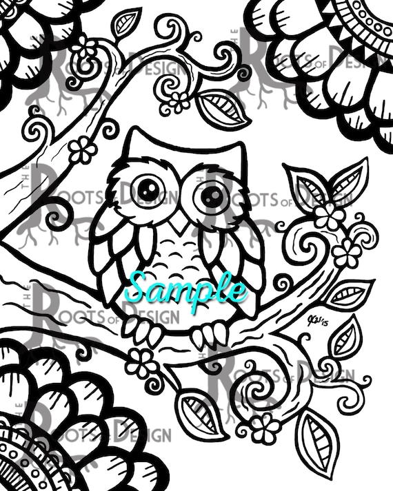 Instant download coloring page cute owl zentangle inspired doodle art printable