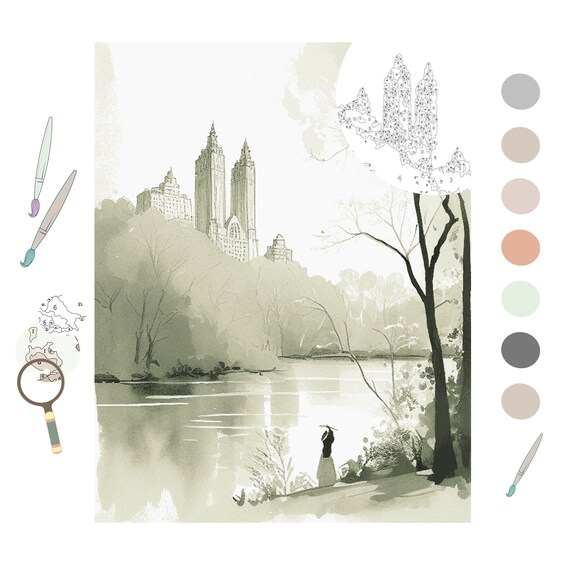 Paint by number printable color by number adult central park cityscapeby jo milton studiocoloring book pagedigital download print download now