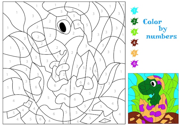 Premium vector a small dinosaur looks out of an egg we paint by numbers coloring book