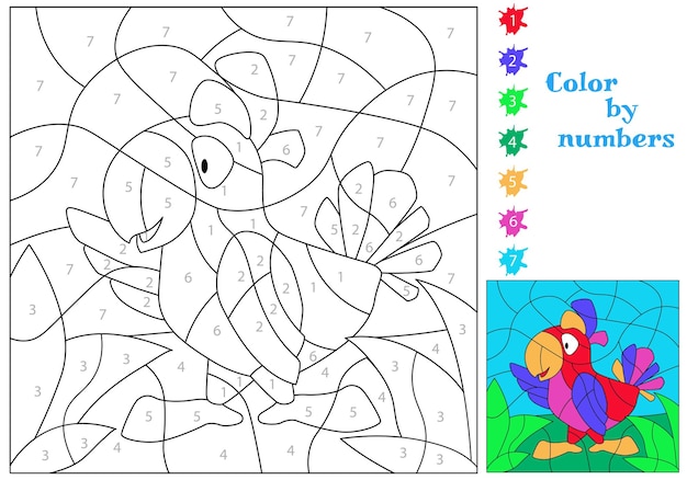 Premium vector cheerful parrot we paint by numbers coloring book