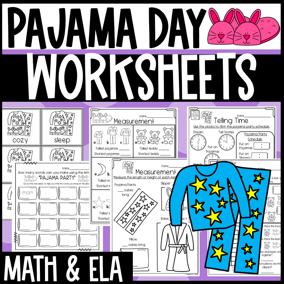 Pajama day themed activities and worksheets end of the year review made by teachers