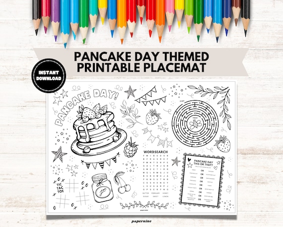 Pancake day printable placemat colouring sheet shrove tuesday childrens activity table mat party games kids coloring page instant download