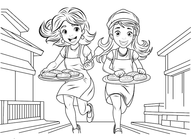 Premium vector coloring page pancake day pancake race women run with plates of pancakes