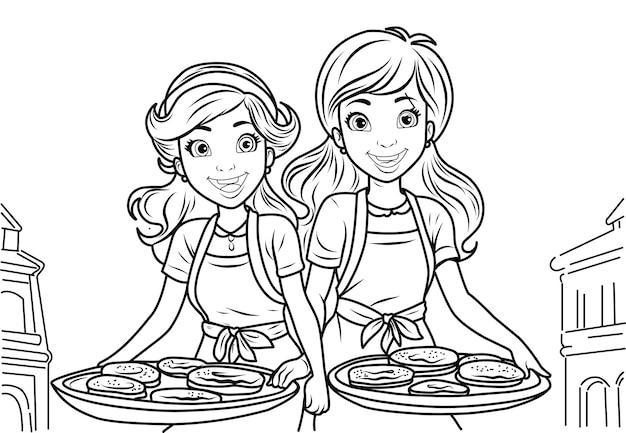 Premium vector coloring page pancake day pancake race women run with plates of pancakes